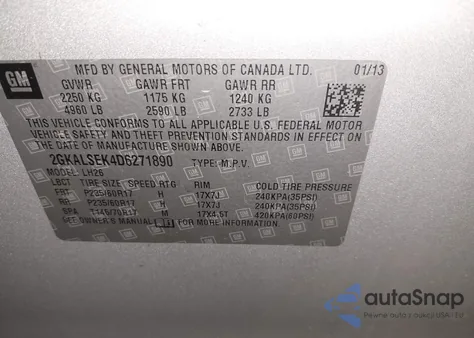 2013 GMC Terrain Sle-2 z USA, uszkodzony, nr VIN 2GKALSEK4D6271890